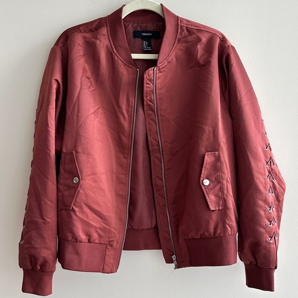 Forever 21 Women’s Rust Satin Corset Lace Sleeve Y2K Bomber Jacket, Size Large